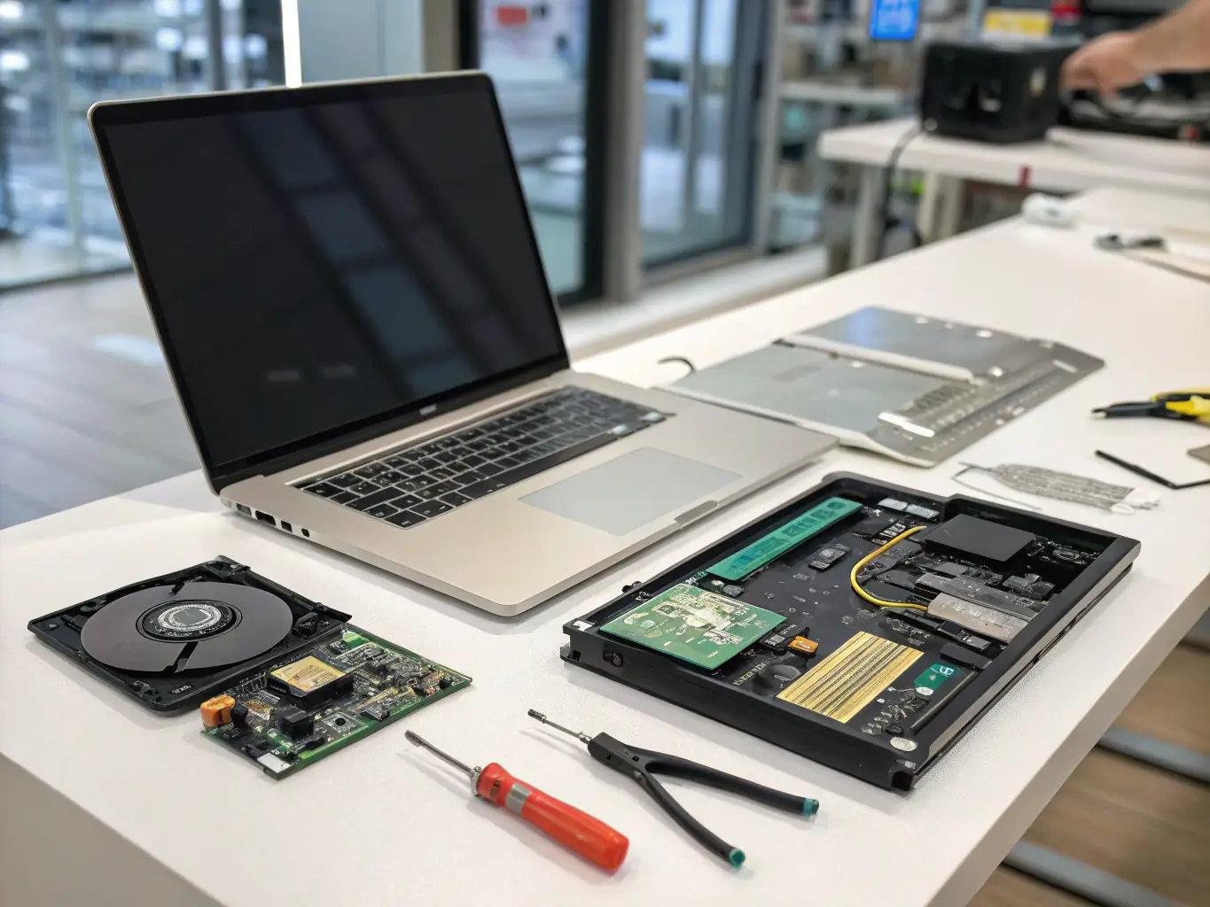 A technician replacing a laptop's hard drive in a well-equipped workshop, demonstrating the professional computer repair services provided by Lynchcast Tech.